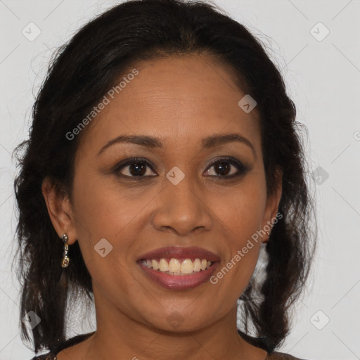 Joyful white adult female with medium  brown hair and brown eyes