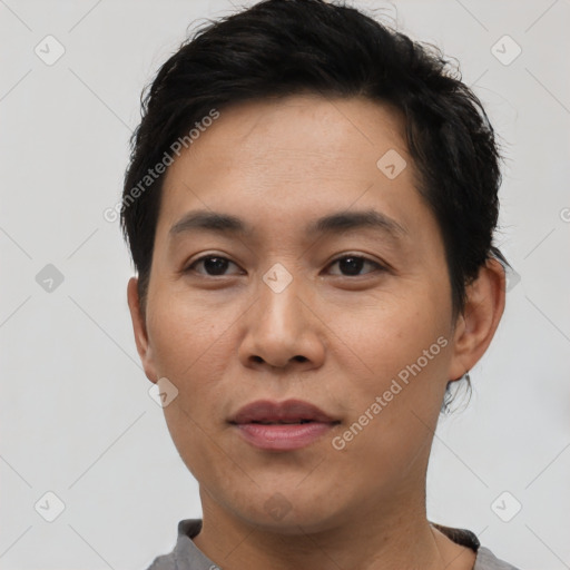 Neutral asian young-adult male with short  black hair and brown eyes