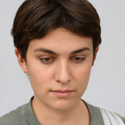 Neutral white young-adult female with short  brown hair and brown eyes