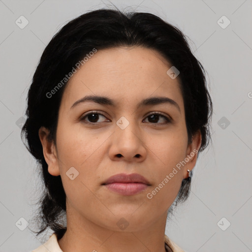 Neutral asian young-adult female with medium  black hair and brown eyes