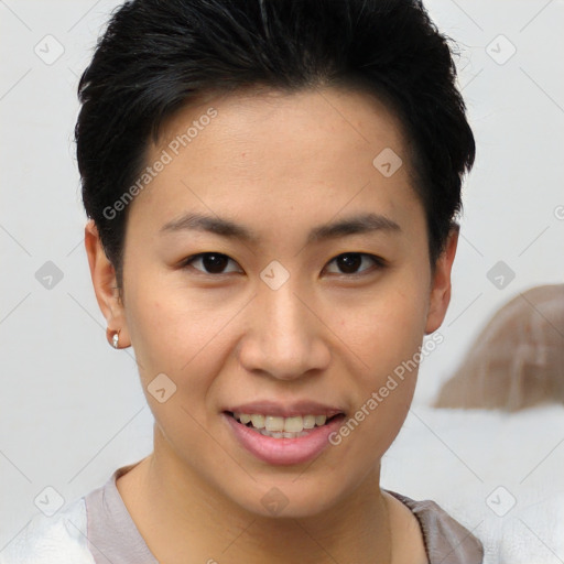 Joyful white young-adult female with short  brown hair and brown eyes