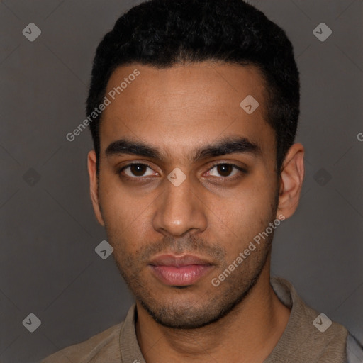 Neutral latino young-adult male with short  black hair and brown eyes