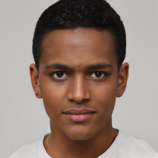 Neutral black young-adult male with short  black hair and brown eyes