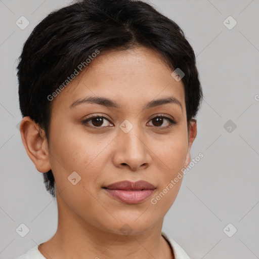 Joyful latino young-adult female with short  brown hair and brown eyes