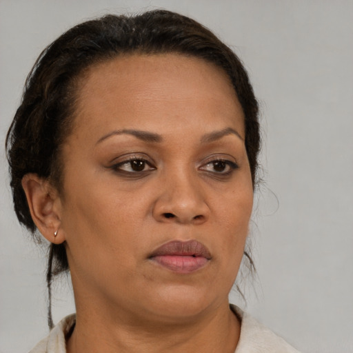 Joyful black adult female with short  brown hair and brown eyes