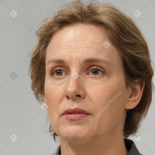 Neutral white adult female with medium  brown hair and brown eyes