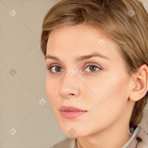 Neutral white young-adult female with medium  brown hair and grey eyes