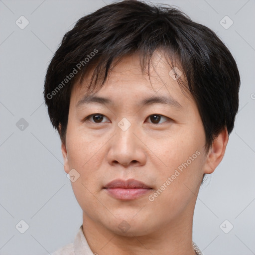 Neutral asian adult male with short  brown hair and brown eyes