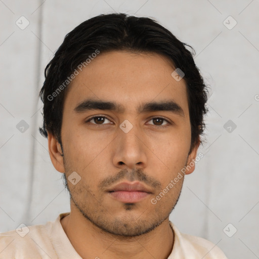 Neutral asian young-adult male with short  black hair and brown eyes