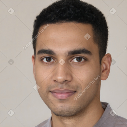 Neutral latino young-adult male with short  black hair and brown eyes