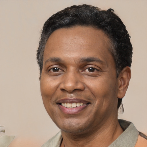 Joyful black adult male with short  black hair and brown eyes