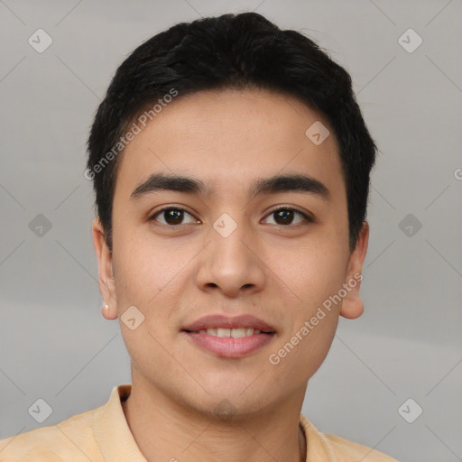 Joyful asian young-adult male with short  black hair and brown eyes