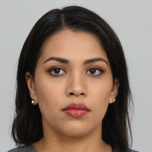 Neutral asian young-adult female with long  black hair and brown eyes