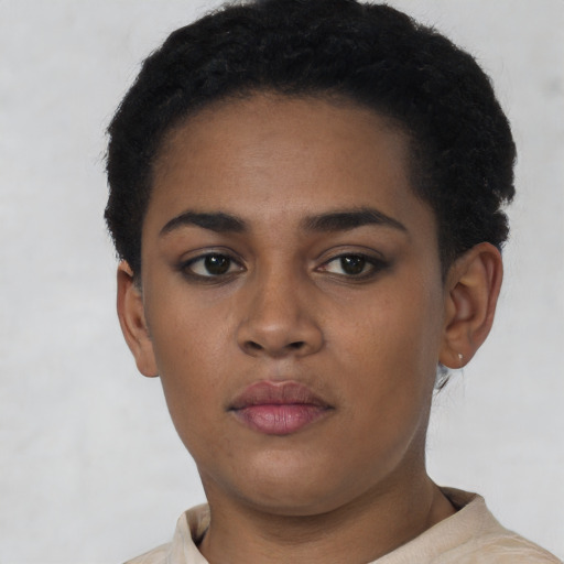 Neutral latino young-adult female with short  black hair and brown eyes