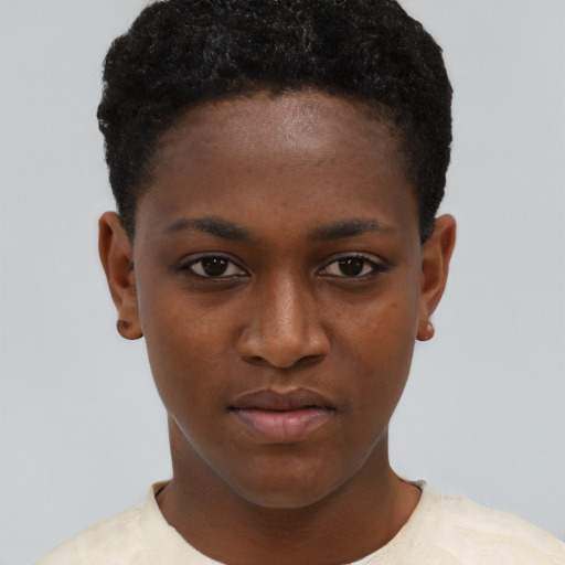 Neutral black young-adult female with short  brown hair and brown eyes
