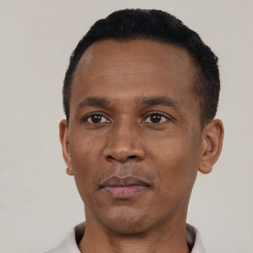 Neutral black adult male with short  black hair and brown eyes