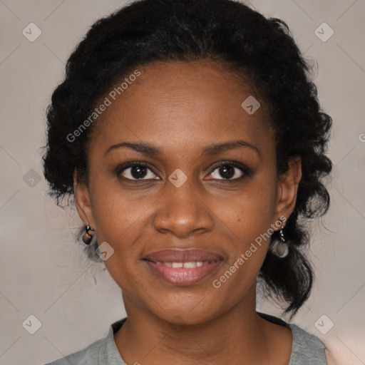 Joyful black young-adult female with medium  black hair and brown eyes