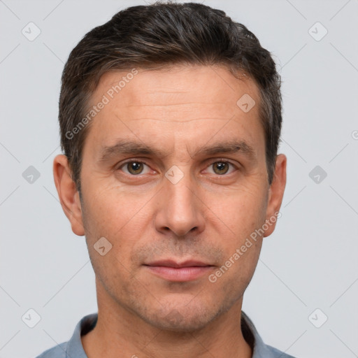 Neutral white adult male with short  brown hair and brown eyes