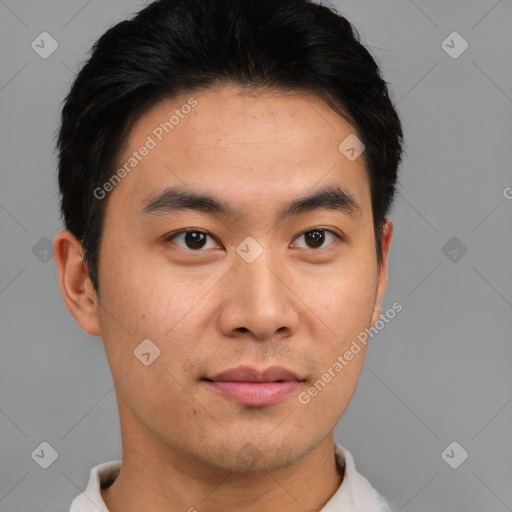 Neutral asian young-adult male with short  brown hair and brown eyes