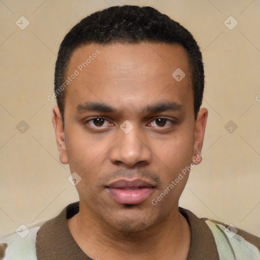Neutral latino young-adult male with short  black hair and brown eyes