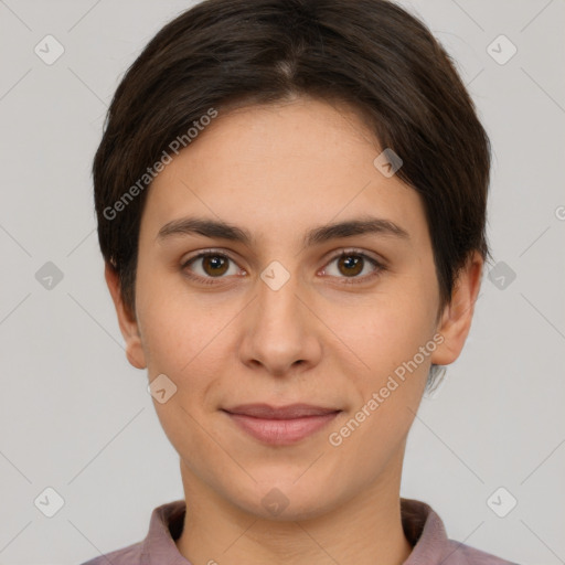 Joyful white young-adult female with short  brown hair and brown eyes