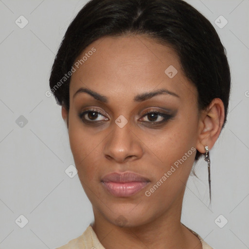 Joyful latino young-adult female with medium  brown hair and brown eyes