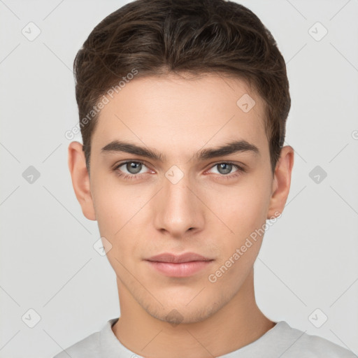 Neutral white young-adult male with short  brown hair and brown eyes