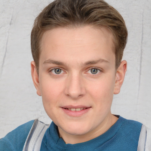 Joyful white young-adult male with short  brown hair and blue eyes