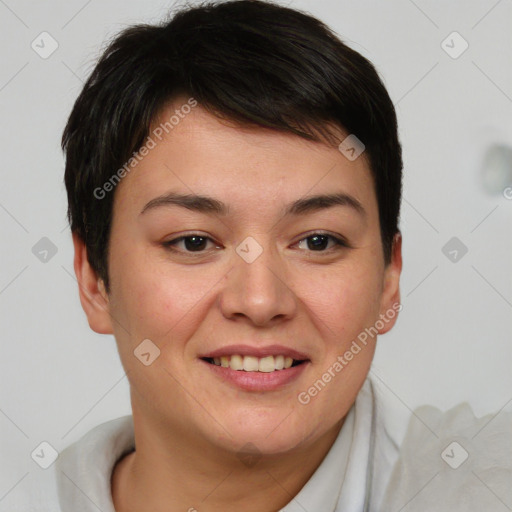 Joyful white young-adult female with short  brown hair and brown eyes