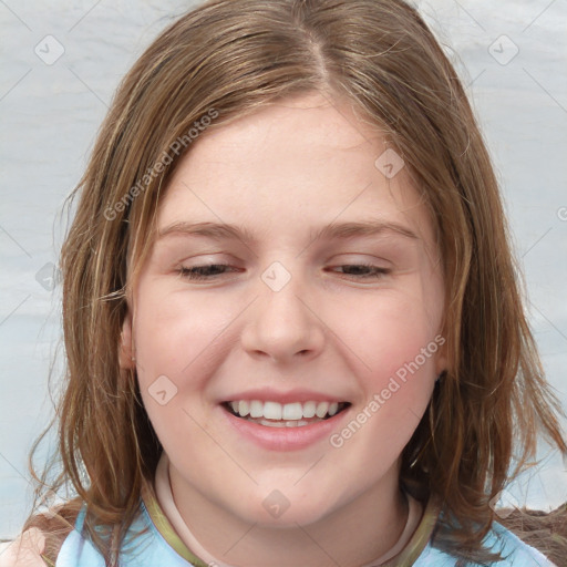 Joyful white child female with medium  brown hair and grey eyes