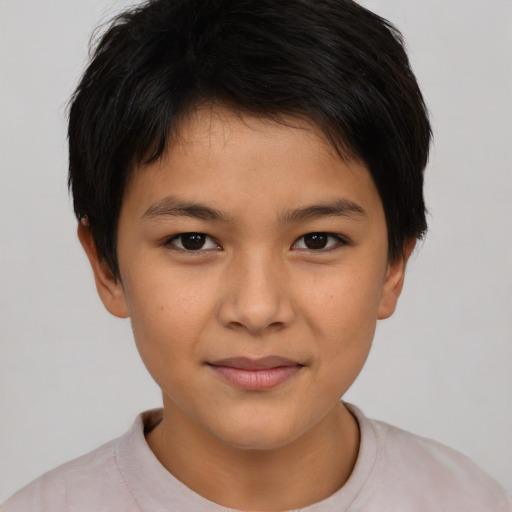 Joyful asian child female with short  brown hair and brown eyes