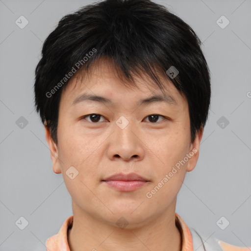 Neutral asian young-adult male with short  brown hair and brown eyes