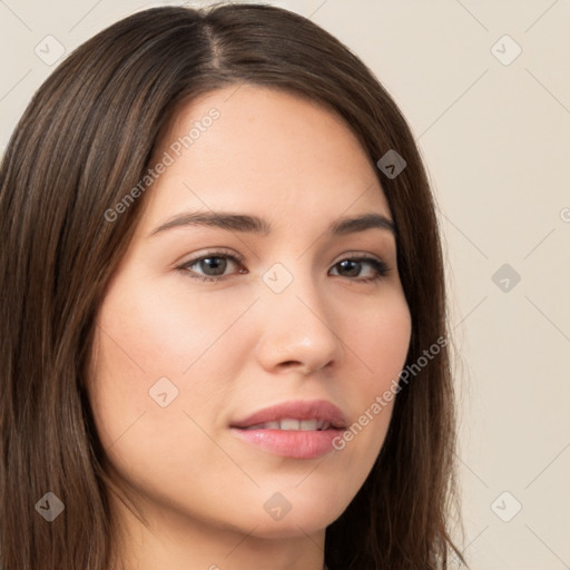 Neutral white young-adult female with long  brown hair and brown eyes