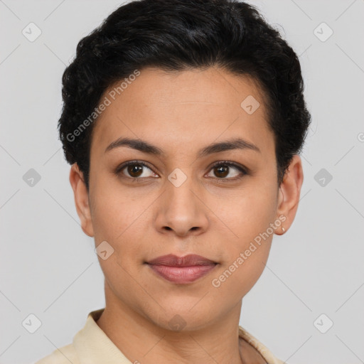 Joyful latino young-adult female with short  brown hair and brown eyes