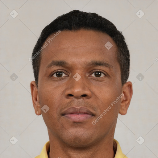 Neutral black young-adult male with short  brown hair and brown eyes