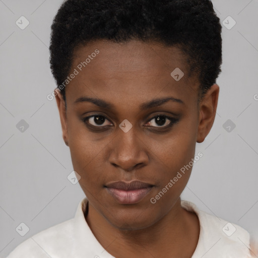 Neutral black young-adult female with short  black hair and brown eyes