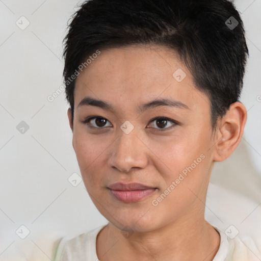 Joyful white young-adult female with short  brown hair and brown eyes