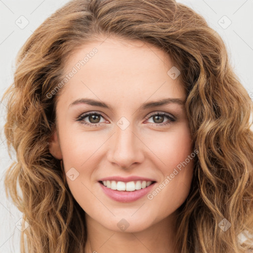 Joyful white young-adult female with long  brown hair and green eyes