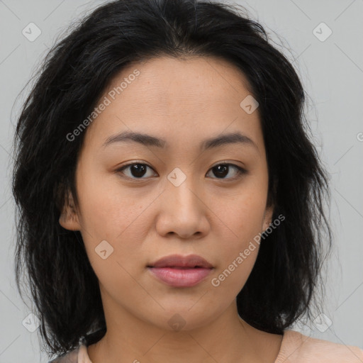 Neutral asian young-adult female with medium  brown hair and brown eyes