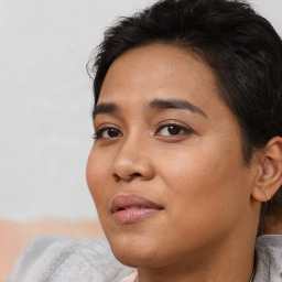 Neutral white young-adult female with short  brown hair and brown eyes