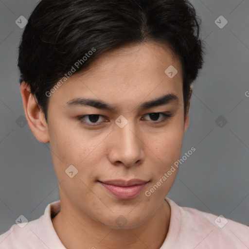 Joyful latino young-adult male with short  brown hair and brown eyes