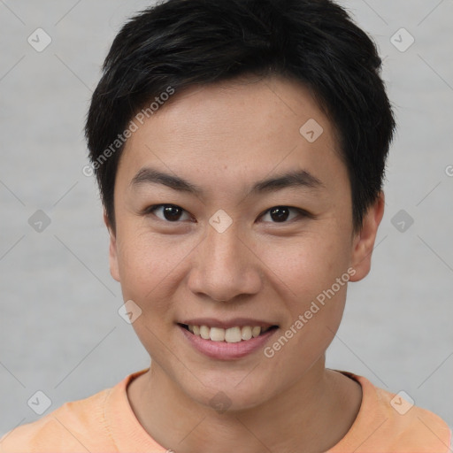 Joyful asian young-adult female with short  brown hair and brown eyes