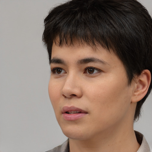 Neutral asian young-adult male with short  brown hair and brown eyes