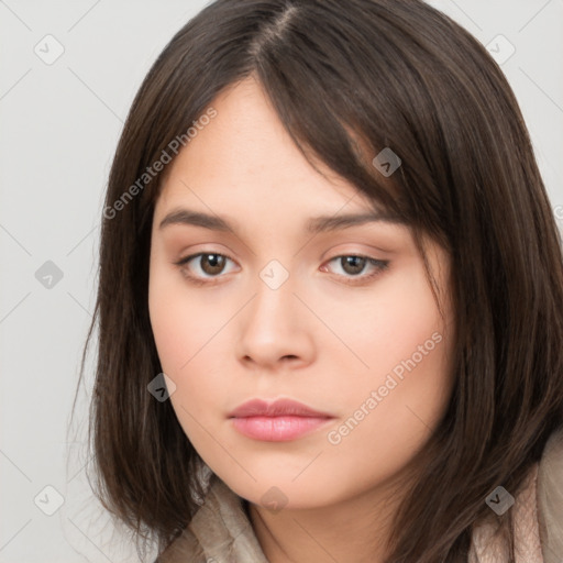 Neutral white young-adult female with long  brown hair and brown eyes