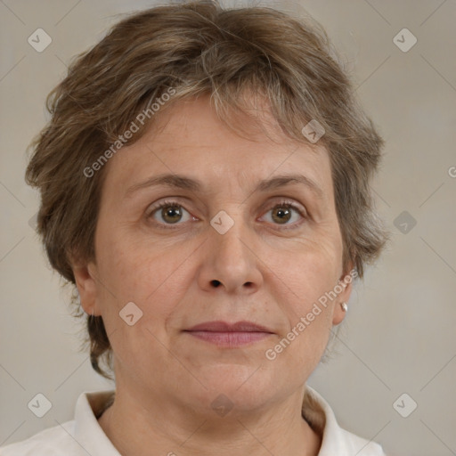 Joyful white adult female with short  brown hair and brown eyes