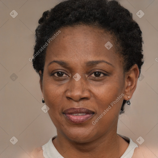 Joyful black adult female with short  black hair and brown eyes