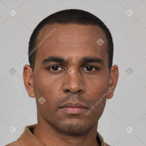 Neutral latino young-adult male with short  black hair and brown eyes
