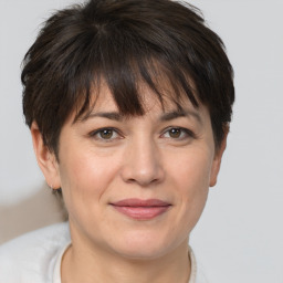 Joyful white adult female with short  brown hair and brown eyes