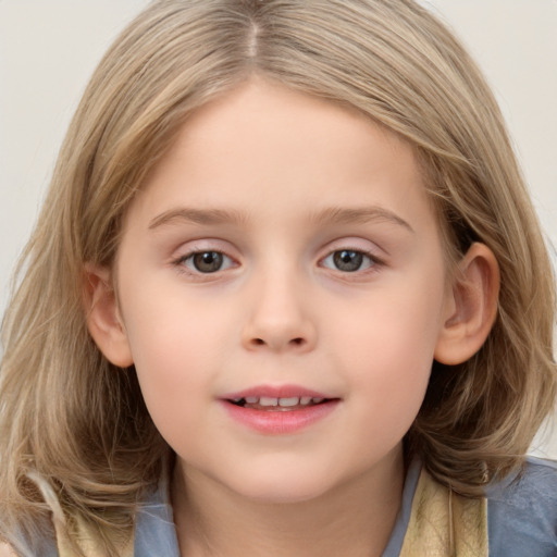 Joyful white child female with medium  brown hair and grey eyes