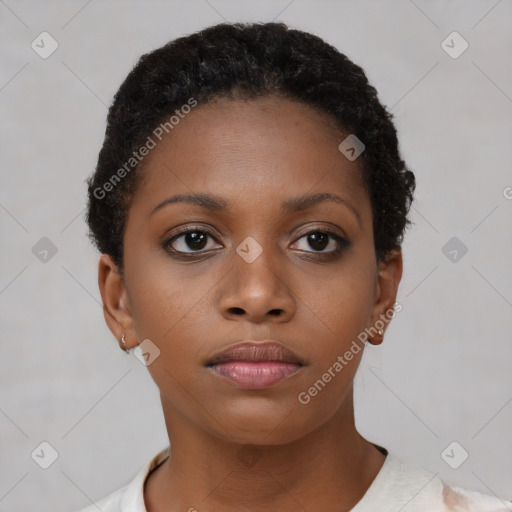 Neutral black young-adult female with short  brown hair and brown eyes